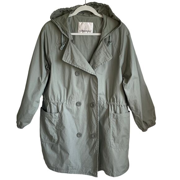 London Fog Vintage Rain Utility Jacket Sz M Hooded Double Breasted Cinch Waist - Picture 1 of 16